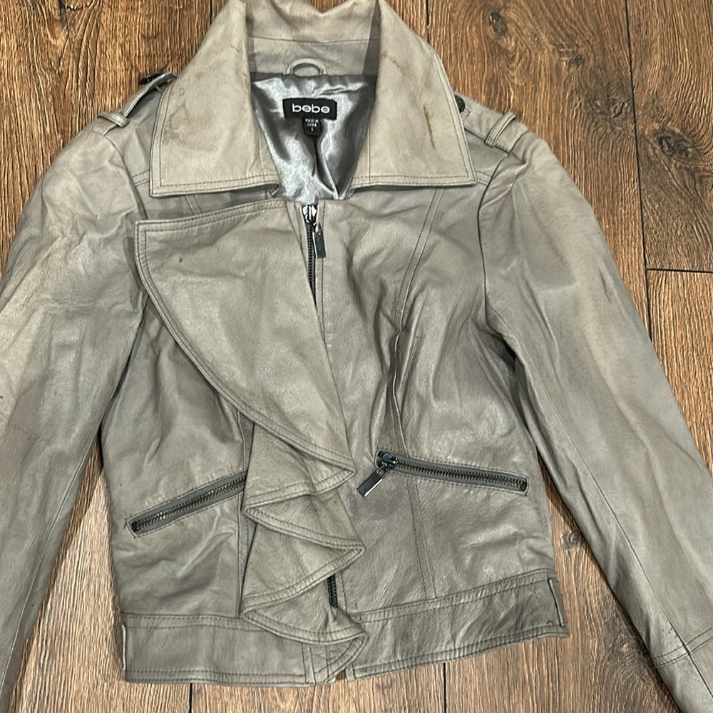 Bebe Y2K Grey Ruffle Front Genuine Leather Moto Jacket S